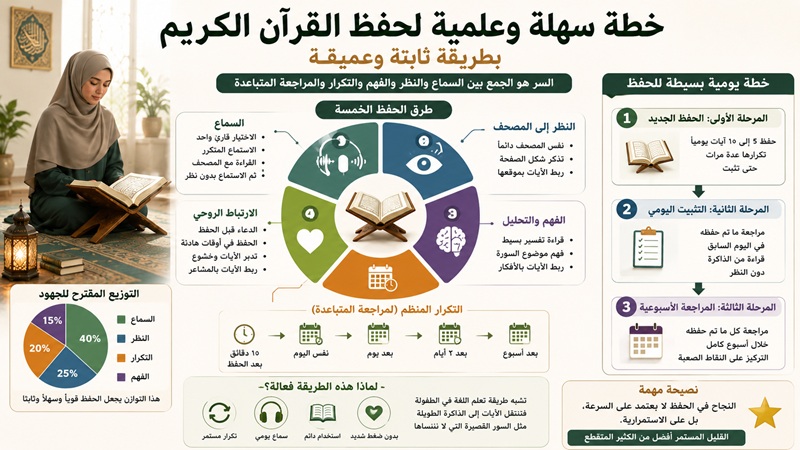 خطة سهلة وعلمية لحفظ القرآن الكريم بطريقة ثابتة وعميقة